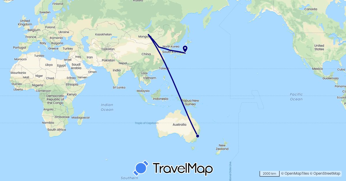 TravelMap itinerary: driving in Australia, China, Japan, South Korea, Mongolia (Asia, Oceania)